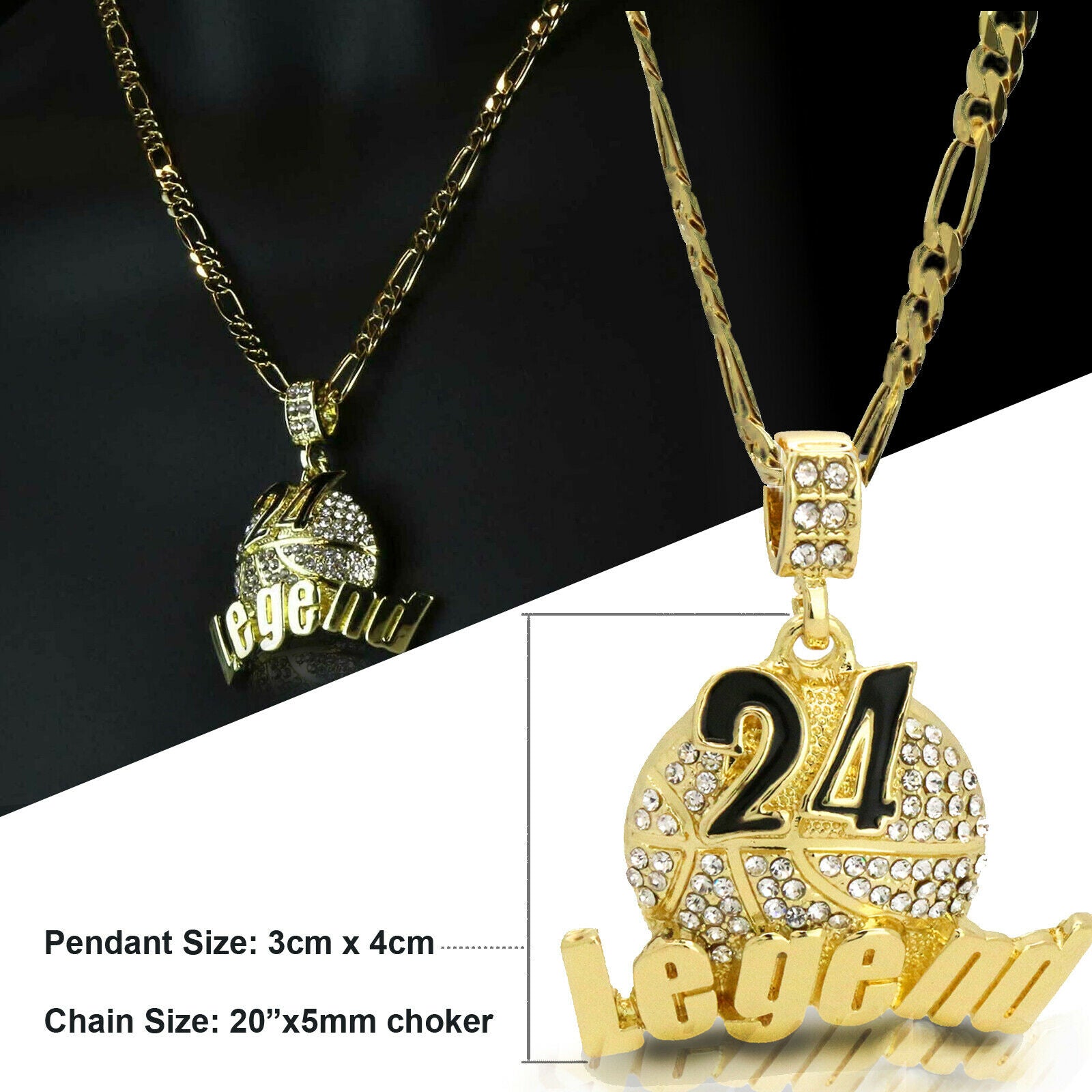 Gold / Black #24 Legend Basketball Pendant with Rope Chain