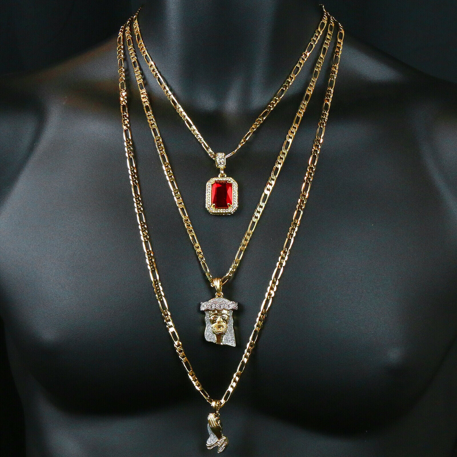 Red Ruby, Jesus Face & Prayer Hand 3 Figaro Chains