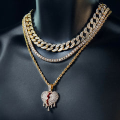 Broken Heart Drip 4 Pcs Set Cuban, Tennis & Rope Chain Bundle Gold PT
