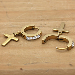 Cz Huggie Hoop Cross Dangle 1 Row GOLD STAINLESS STEEL FILLED EARRINGS