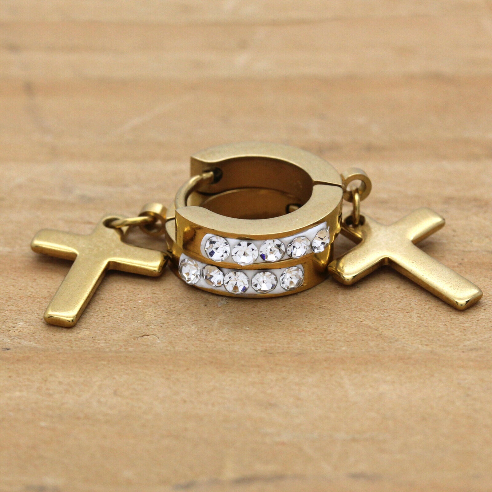 Cz Huggie Hoop Cross Dangle 1 Row GOLD STAINLESS STEEL FILLED EARRINGS
