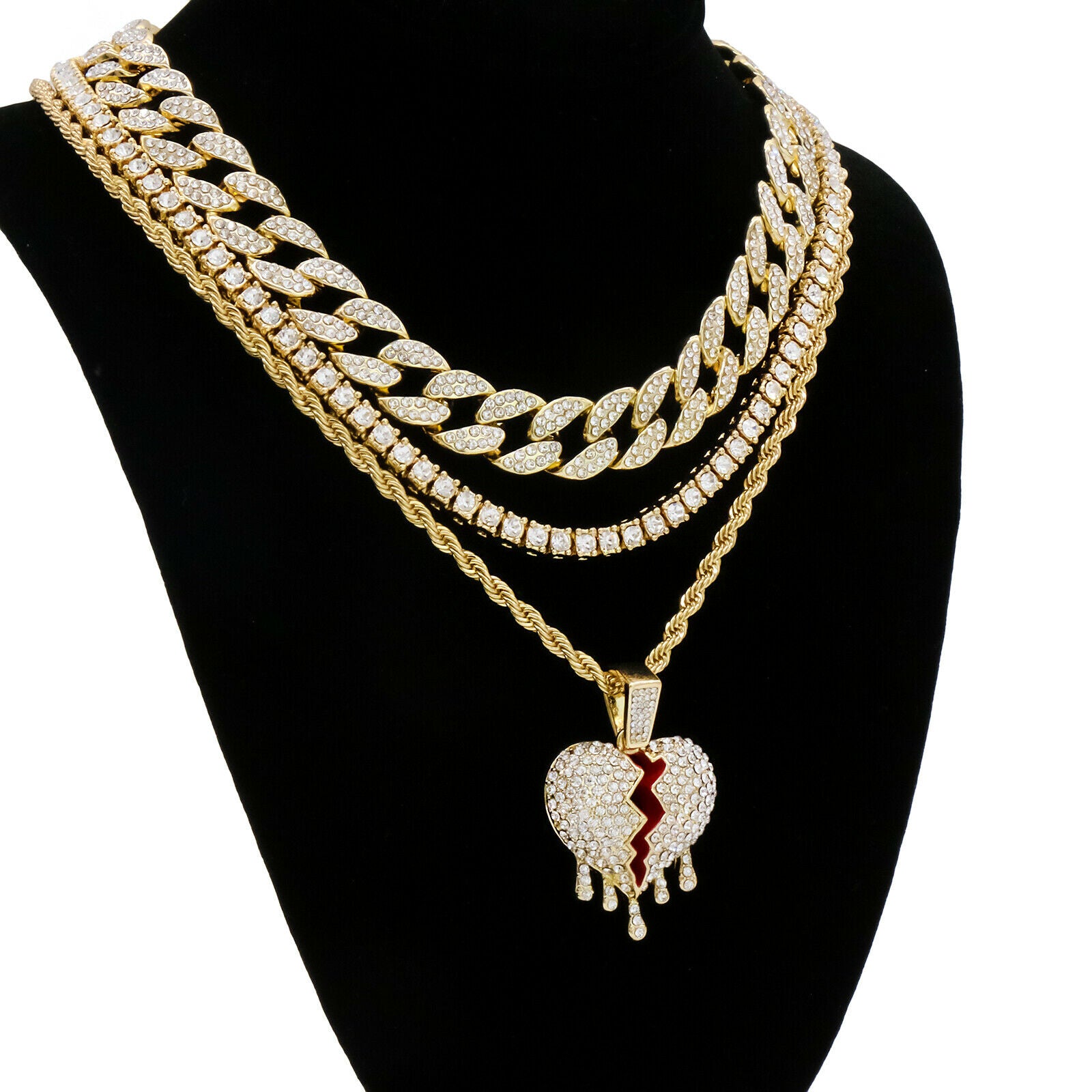 Broken Heart Drip 4 Pcs Set Cuban, Tennis & Rope Chain Bundle Gold PT