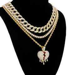 Broken Heart Drip 4 Pcs Set Cuban, Tennis & Rope Chain Bundle Gold PT