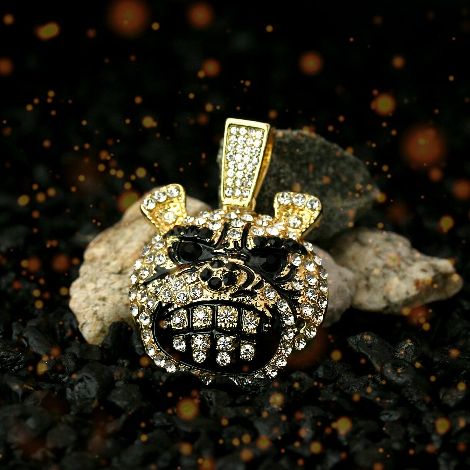 Exquisite Fully Iced Mad Dog Face Head 14k Gold PT Pendant 24" Cuban Chain