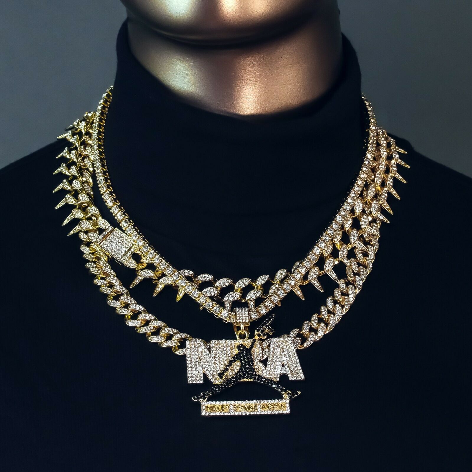 Never Broke Cz 4 Pcs Set Exotic Cuban, Tennis & Miami Cuban Chain Bundle Gold PT