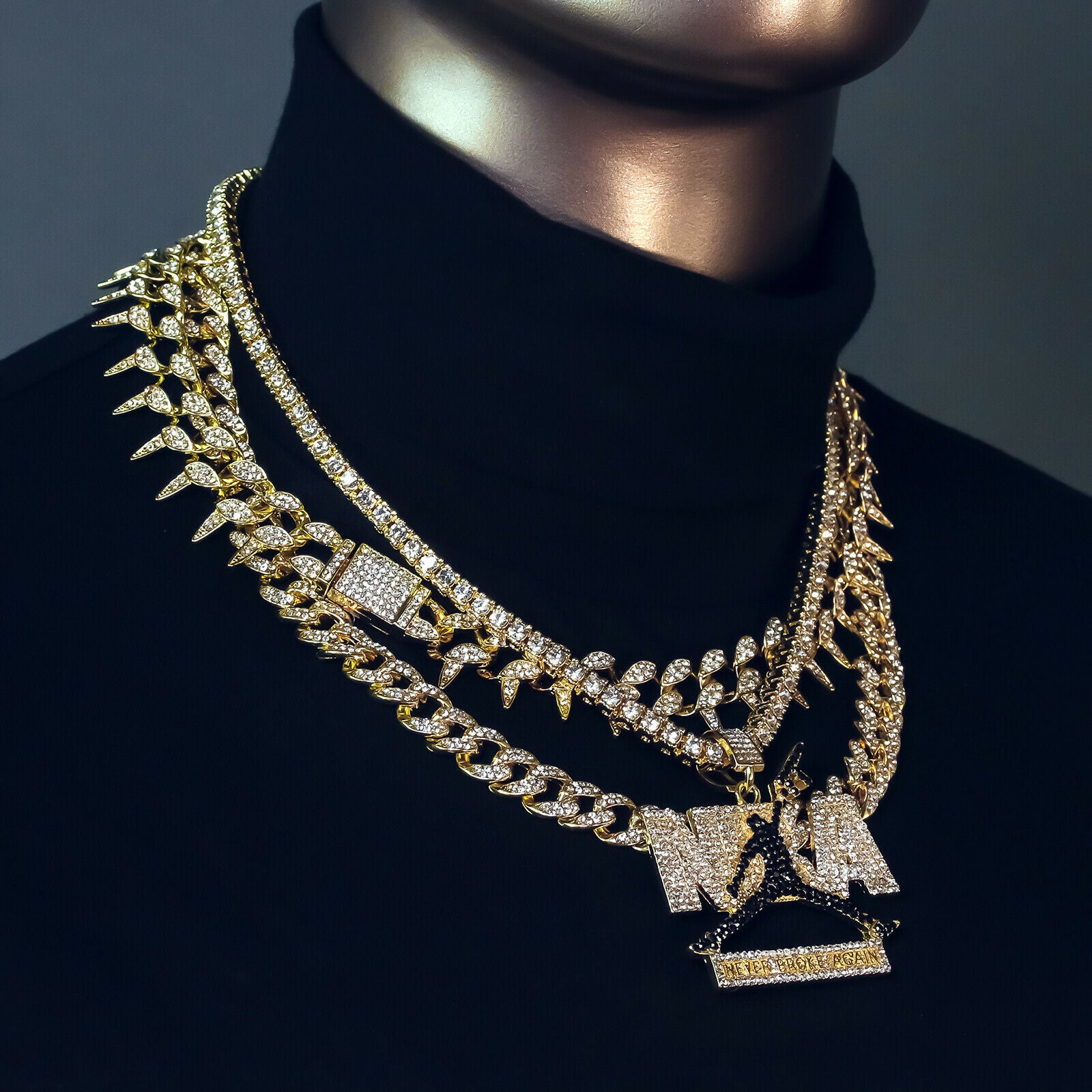 Never Broke Cz 4 Pcs Set Exotic Cuban, Tennis & Miami Cuban Chain Bundle Gold PT