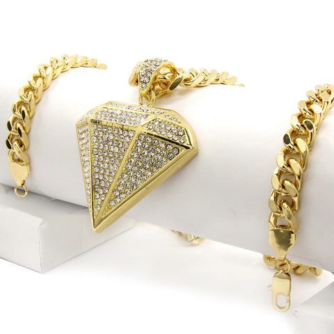 Gold Round Diamond NECKLACE 10mm Miami Cuban Link Chain – Iced Out Gold Pendant Necklace
