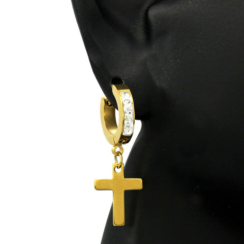 Cz Huggie Hoop Cross Dangle 1 Row GOLD STAINLESS STEEL FILLED EARRINGS