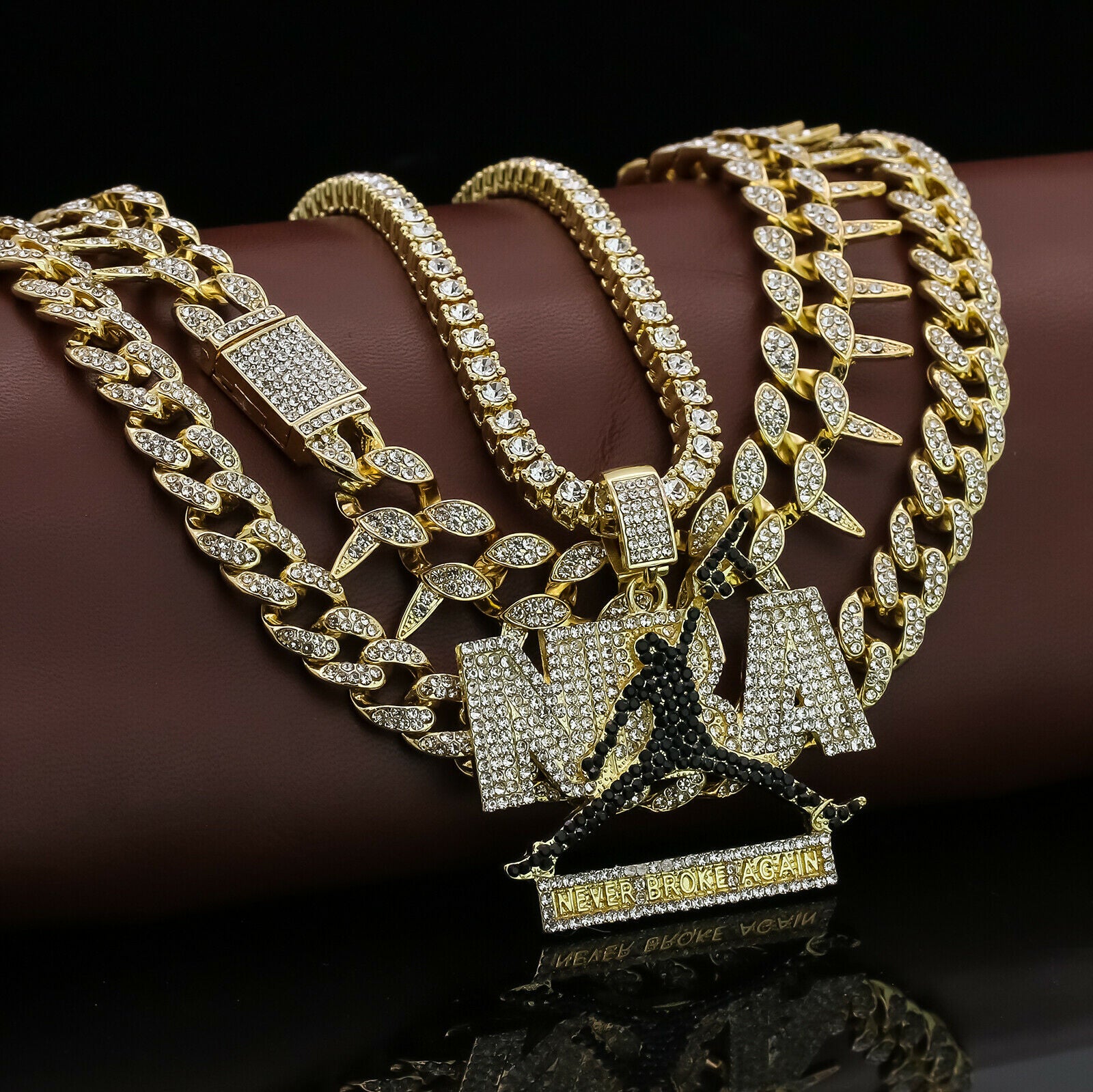 Never Broke Cz 4 Pcs Set Exotic Cuban, Tennis & Miami Cuban Chain Bundle Gold PT