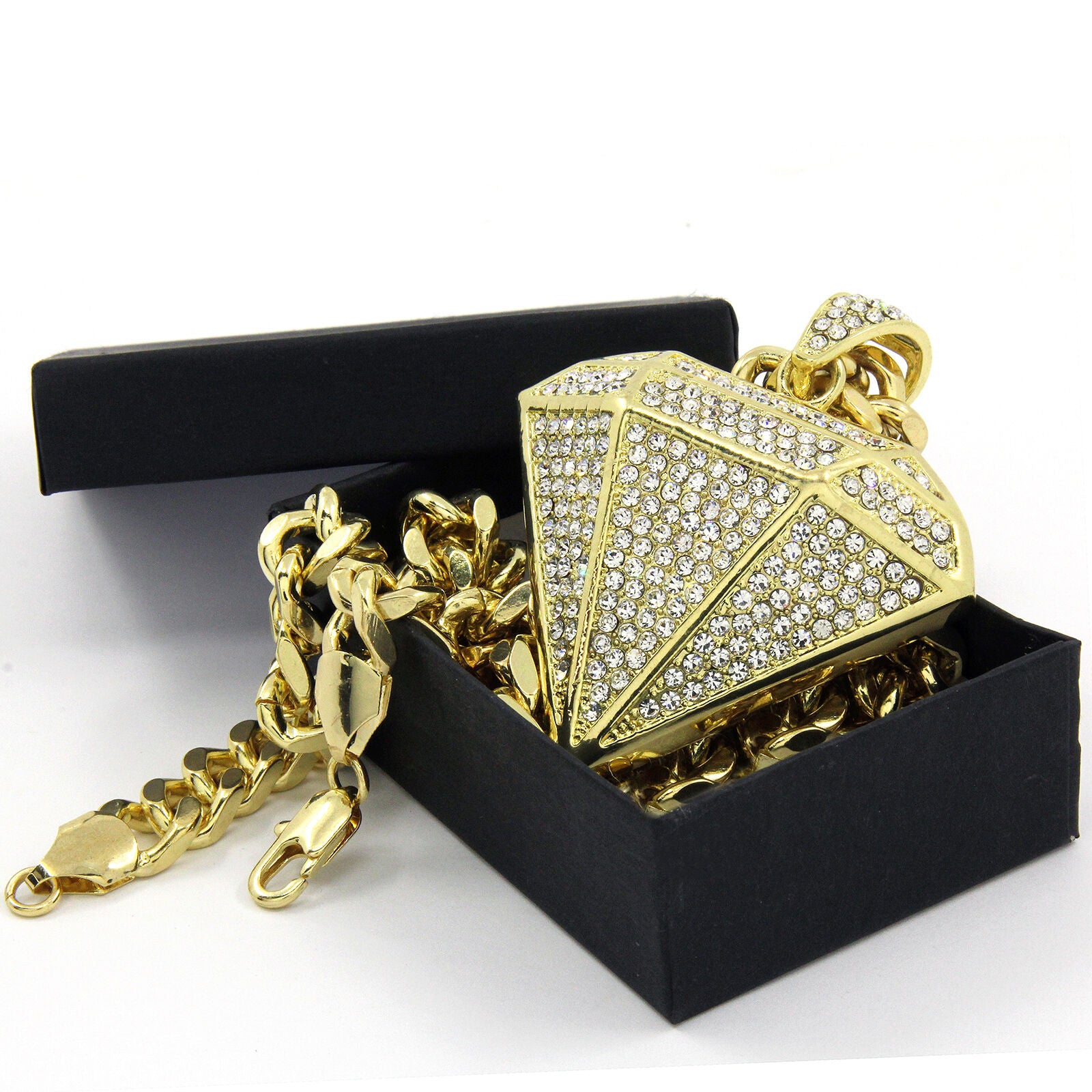 Gold Round Diamond NECKLACE 10mm Miami Cuban Link Chain – Iced Out Gold Pendant Necklace