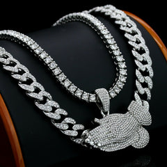 3pc Men's Silver Plated Cz Thick Prayer Hands w/ Cz Cuban & Tennis Chain 18"/20