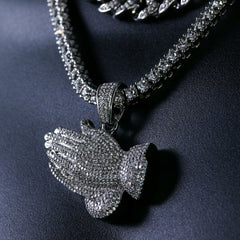 3pc Men's Silver Plated Cz Thick Prayer Hands w/ Cz Cuban & Tennis Chain 18"/20