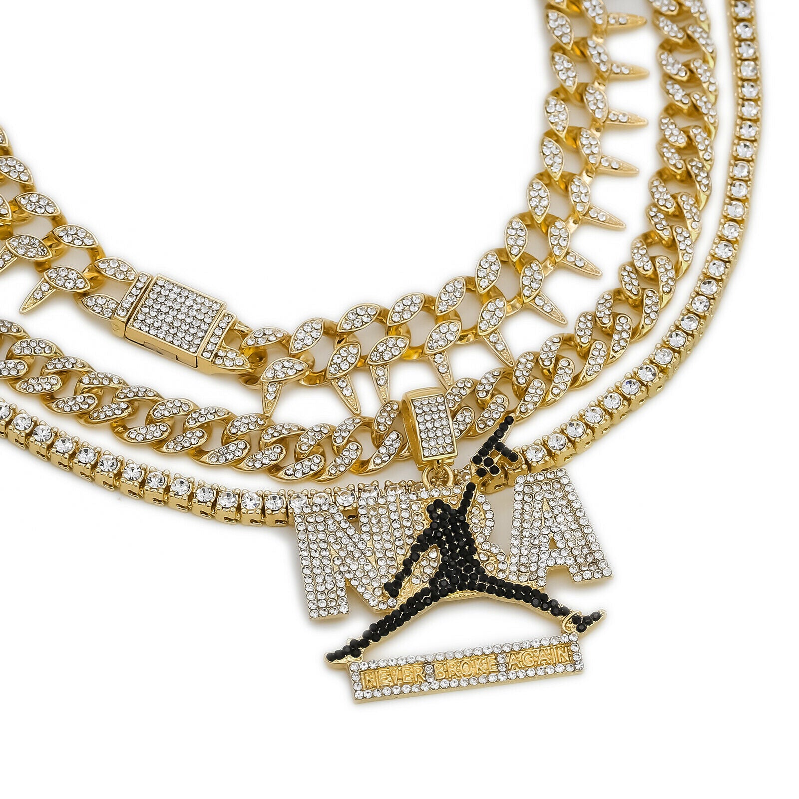 Never Broke Cz 4 Pcs Set Exotic Cuban, Tennis & Miami Cuban Chain Bundle Gold PT