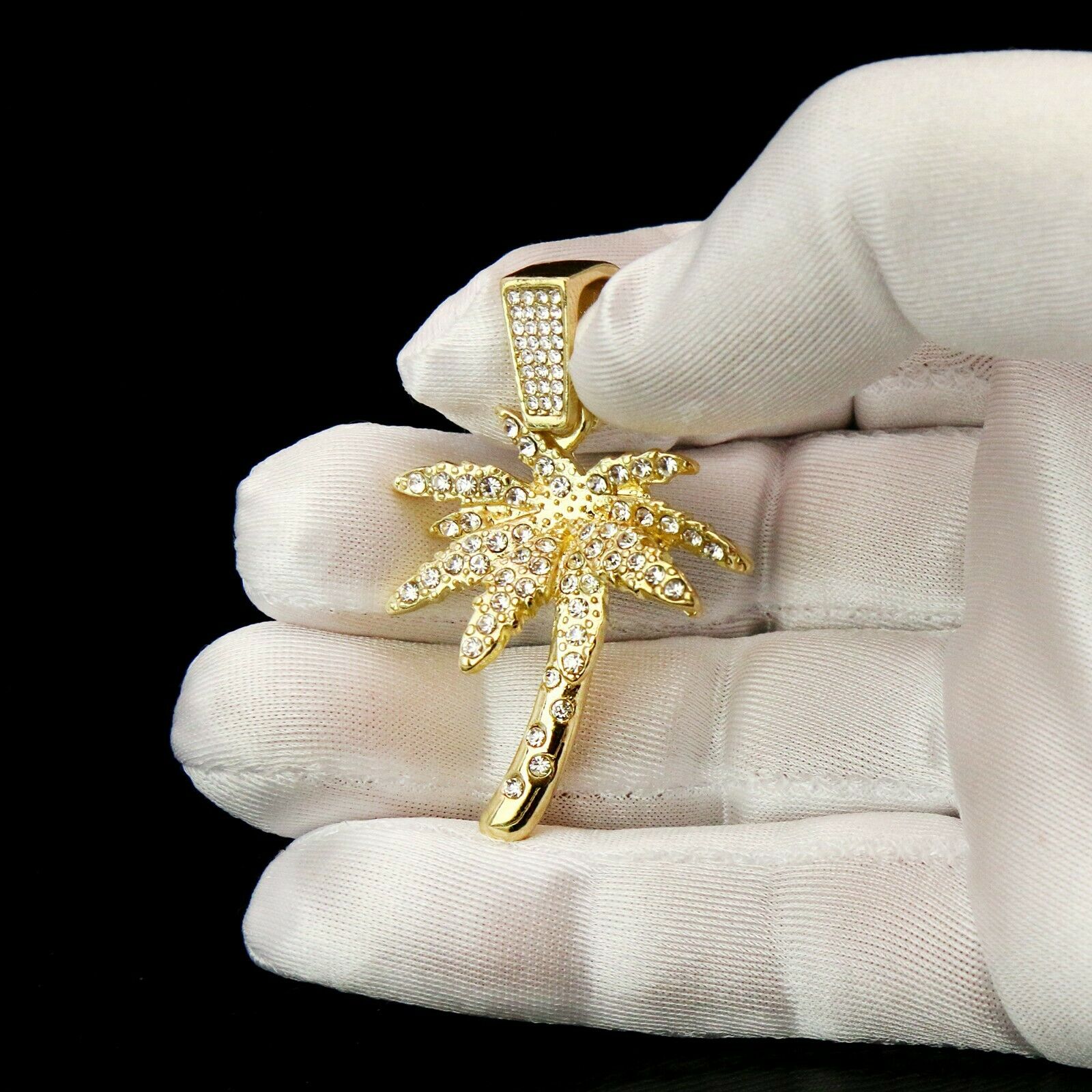 Exquisite Fully Iced West Coast Palm Tree 14k Gold PT Pendant 24" Cuban Chain