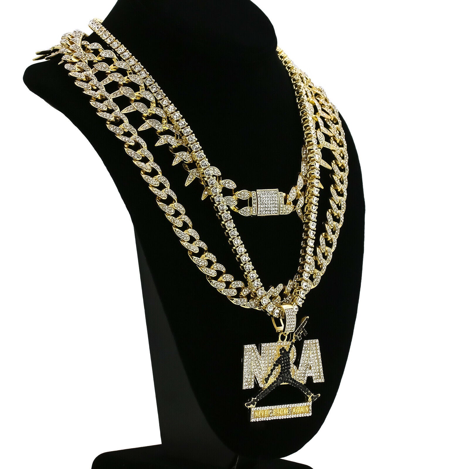 Never Broke Cz 4 Pcs Set Exotic Cuban, Tennis & Miami Cuban Chain Bundle Gold PT