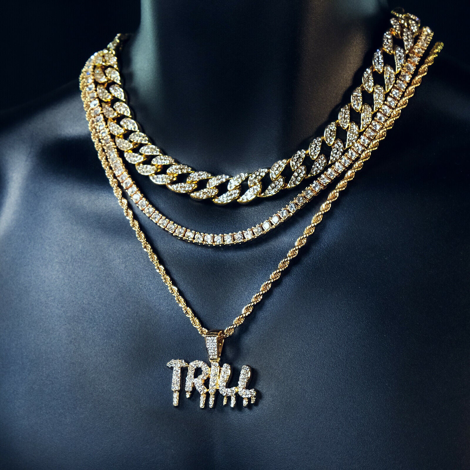 Trill Drip 4 Pcs Set Cuban, Tennis & Rope Chain Bundle Gold PT