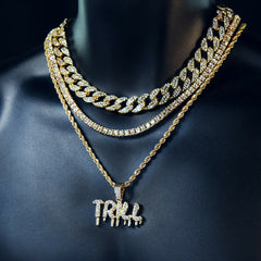 Trill Drip 4 Pcs Set Cuban, Tennis & Rope Chain Bundle Gold PT