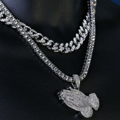 3pc Men's Silver Plated Cz Thick Prayer Hands w/ Cz Cuban & Tennis Chain 18"/20