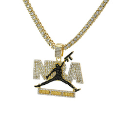 Never Broke Jump Man (BL) Cz 4 Pcs Set Puffy Mariner Chain, Tennis Chain & Miami Cuban Chain Bundle Gold PT