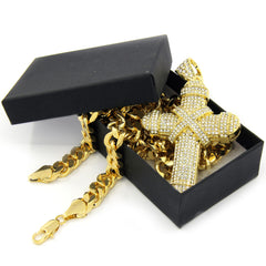 10mm Miami Cuban Link Chain with Iced Out Cross X Cross Pendant – Gold Hip Hop Necklace
