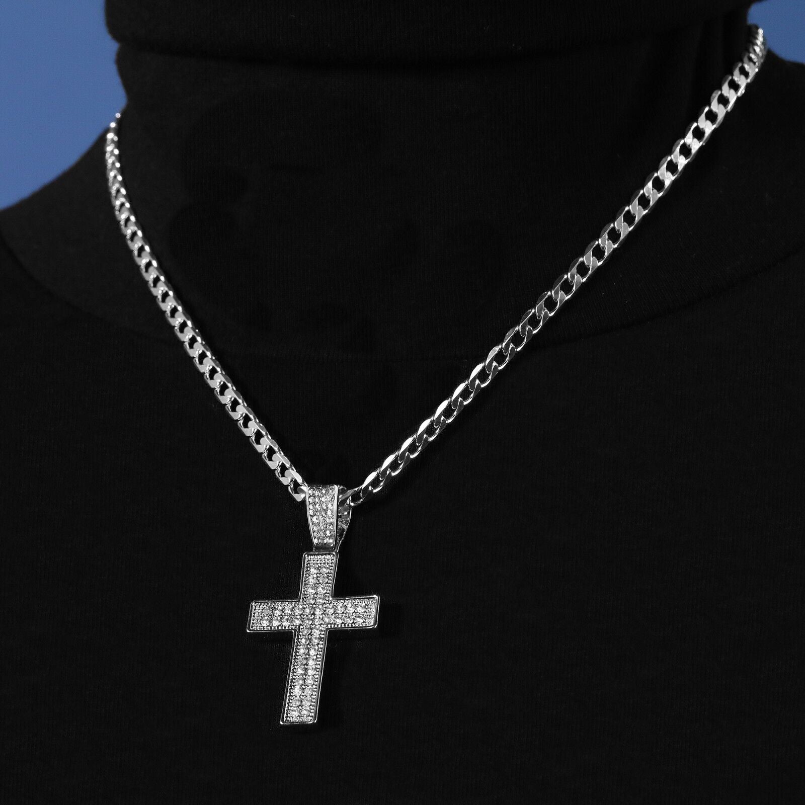 Cubic-Zirconia Two Row Cross Pendant Silver Plated Cuban Choker 18" Chain