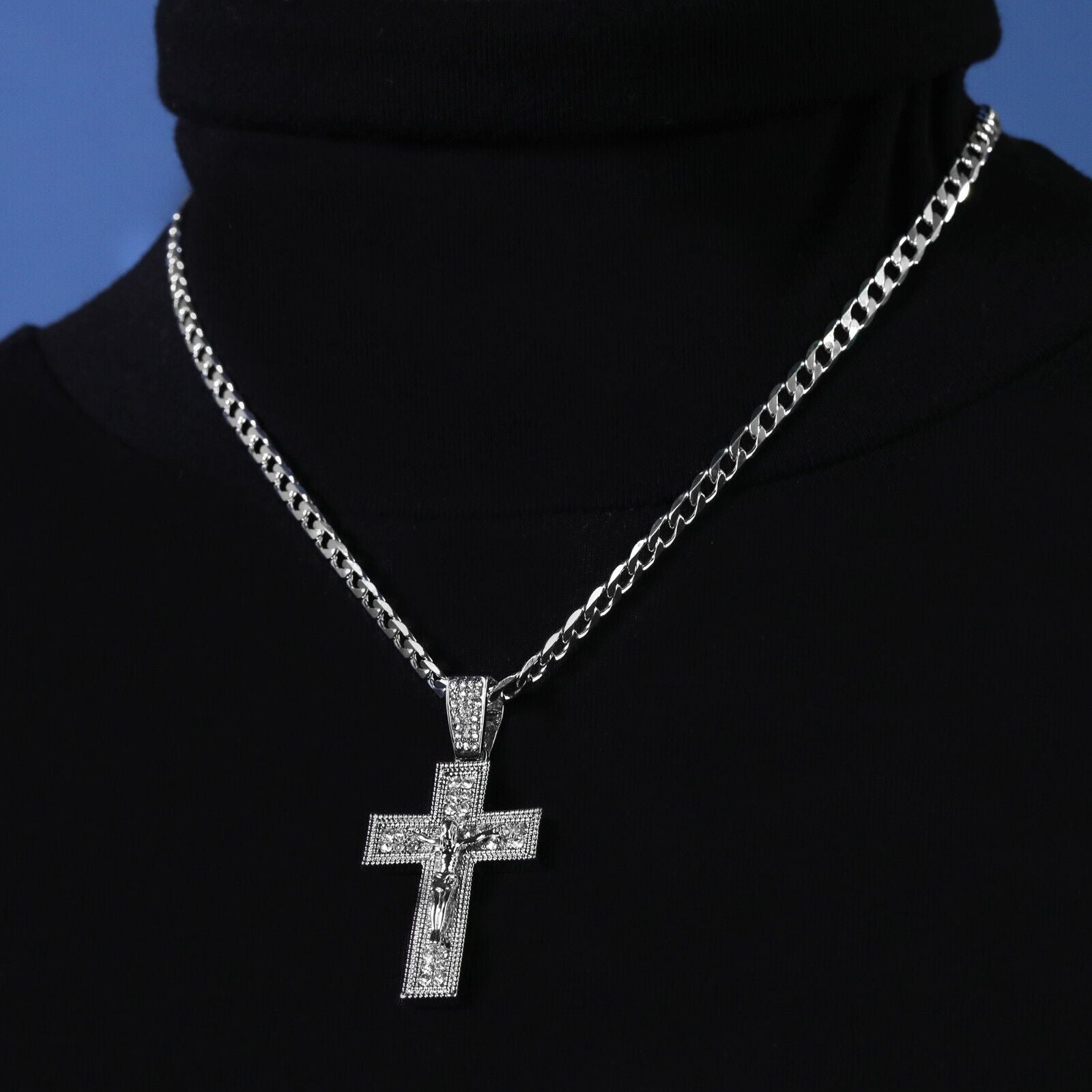 Cubic-Zirconia Two Row Jesus Cross Pendant Silver Plated Cuban Choker 20" Chain