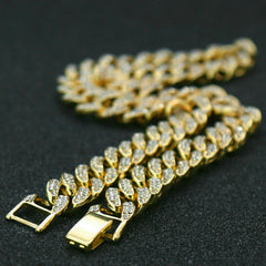 Hip Hop Fully Iced Large Gold Plated Crucifix Temple Pendant & Cuban Chain Necklace