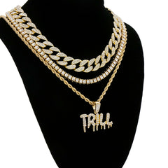 Trill Drip 4 Pcs Set Cuban, Tennis & Rope Chain Bundle Gold PT