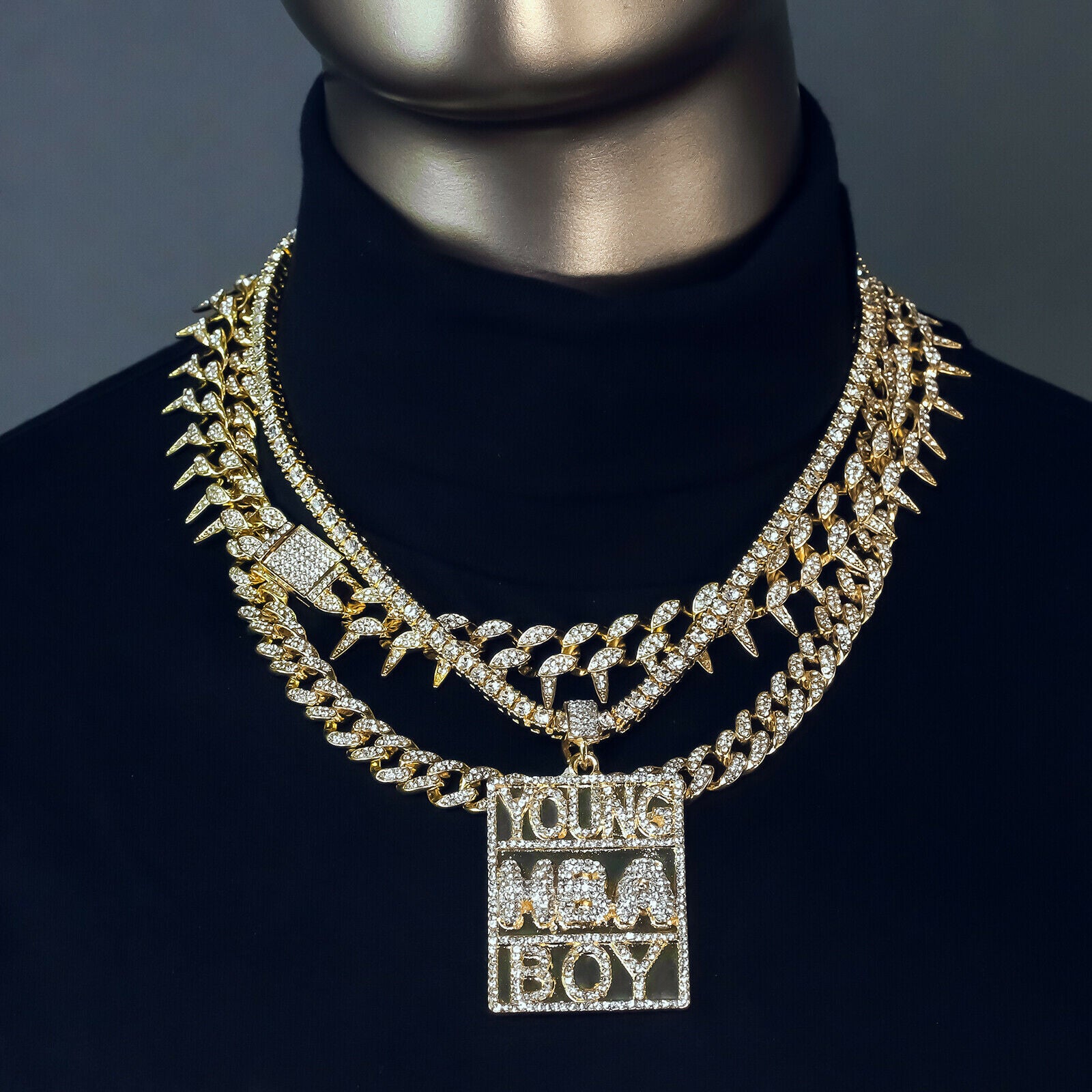Young Boi Block Cz 4 Pcs Set Exotic Cuban, Tennis & Miami Cuban Chain Bundle Gold PT