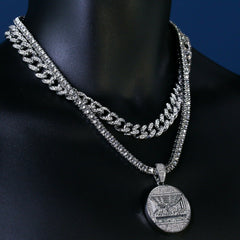 3pc Men's Silver Plated Cz Thick Round Last Supper w/ Cz Cuban & Tennis Chain 18"/20
