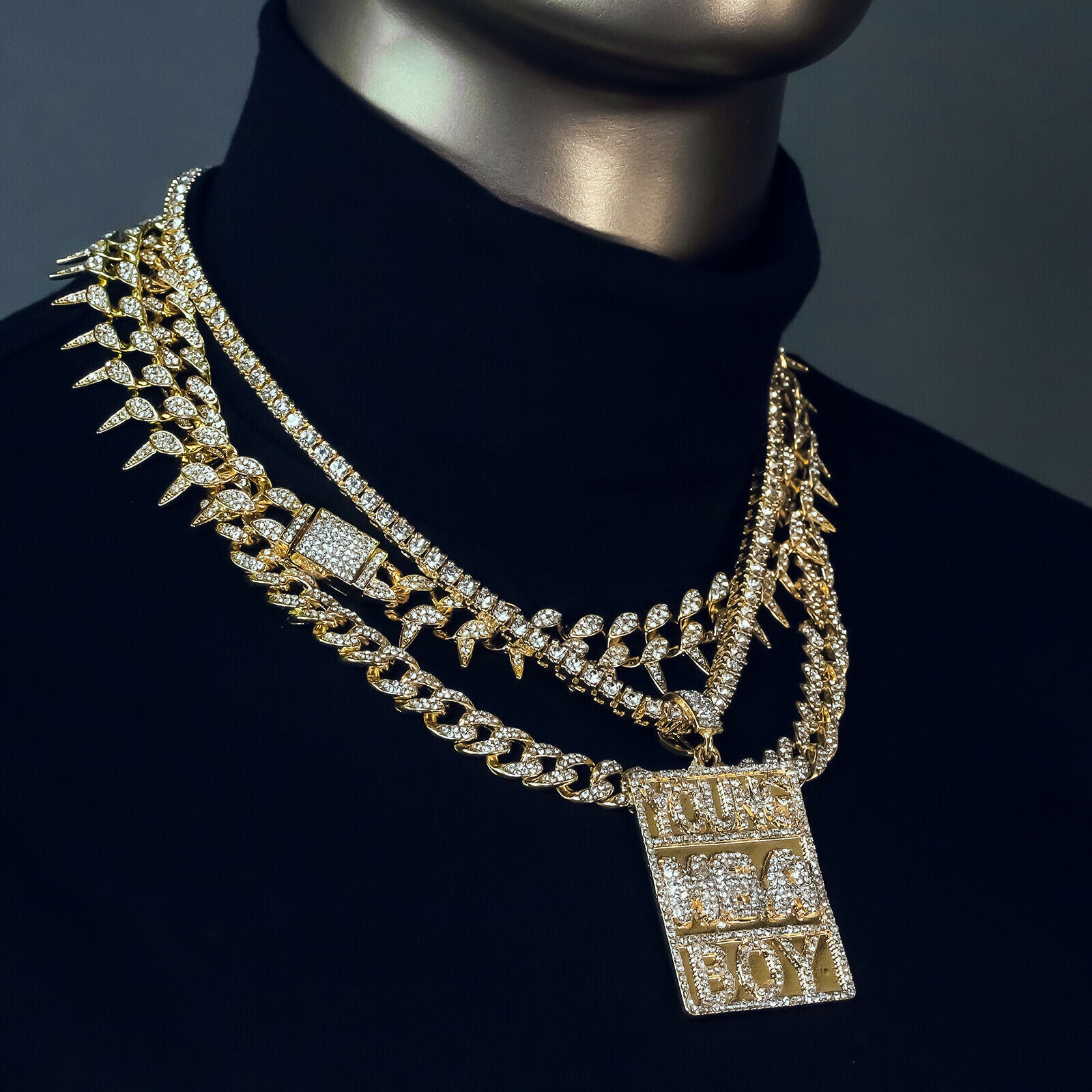 Young Boi Block Cz 4 Pcs Set Exotic Cuban, Tennis & Miami Cuban Chain Bundle Gold PT