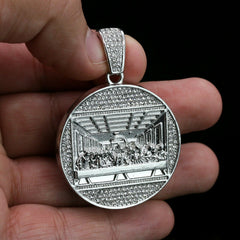 3pc Men's Silver Plated Cz Thick Round Last Supper w/ Cz Cuban & Tennis Chain 18"/20