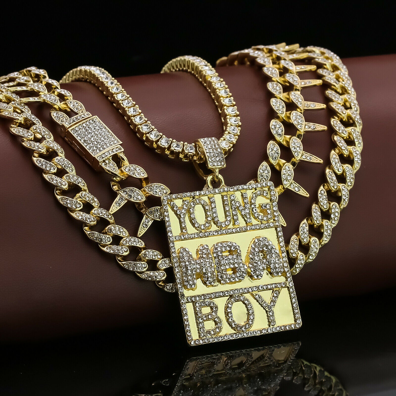 Young Boi Block Cz 4 Pcs Set Exotic Cuban, Tennis & Miami Cuban Chain Bundle Gold PT