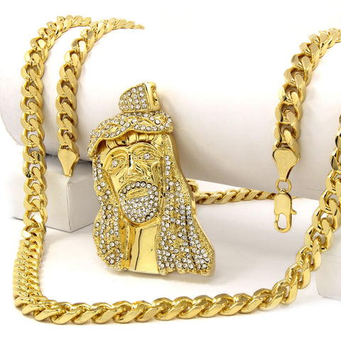 10mm Miami Cuban Link Chain with Gold Jesus Pendant – Iced Out Hip Hop Necklace