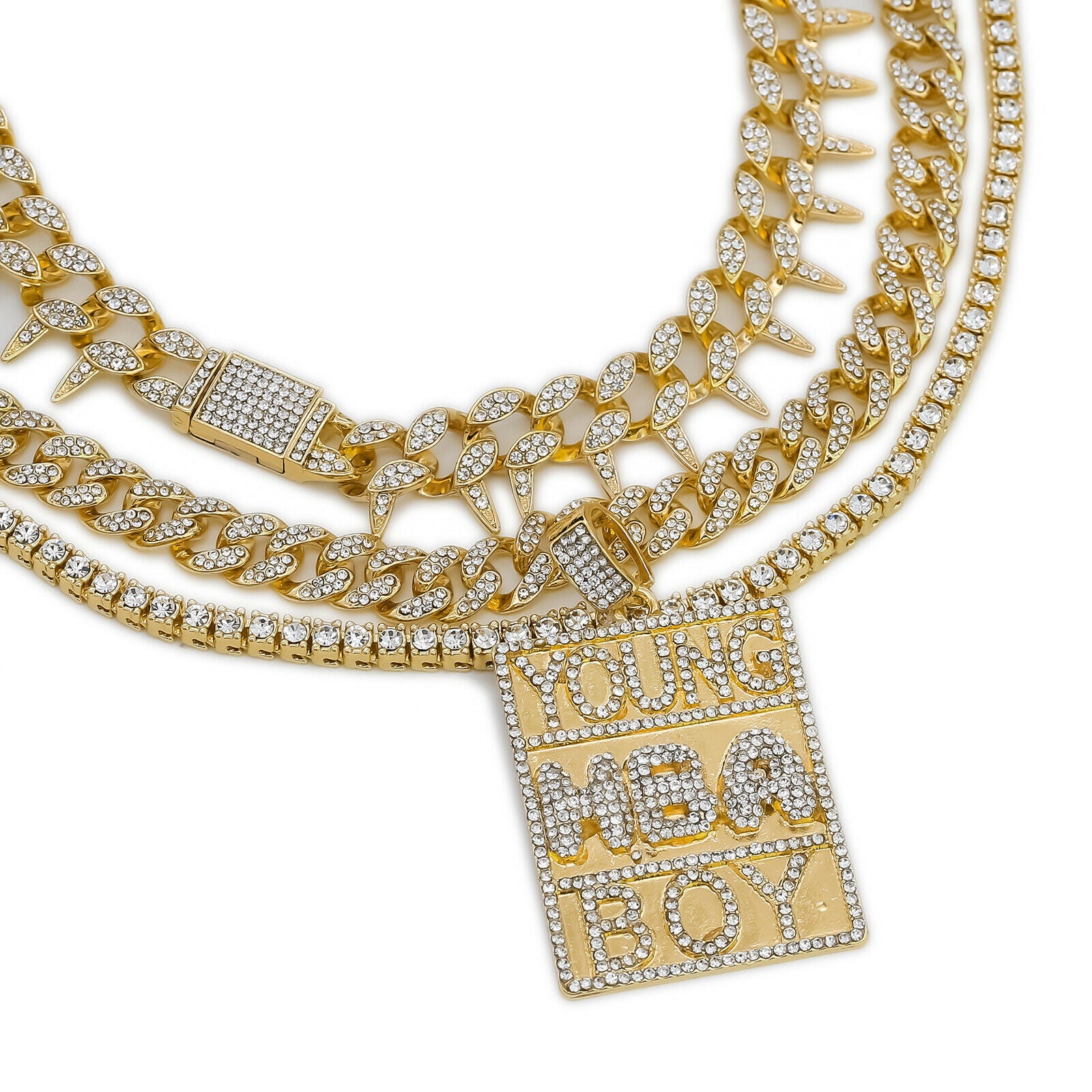 Young Boi Block Cz 4 Pcs Set Exotic Cuban, Tennis & Miami Cuban Chain Bundle Gold PT