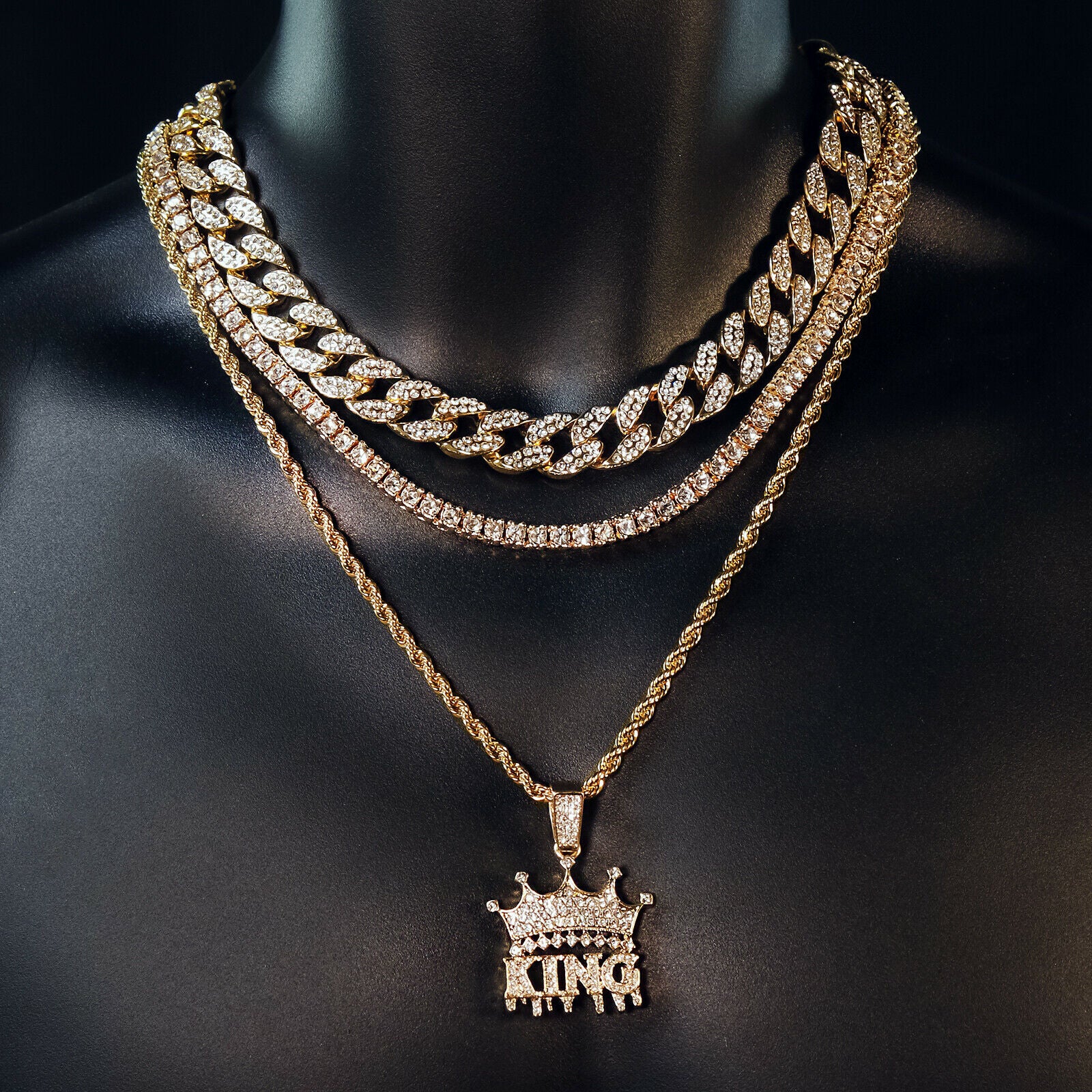 King Drip 4 Pcs Set Cuban, Tennis & Rope Chain Bundle Gold PT