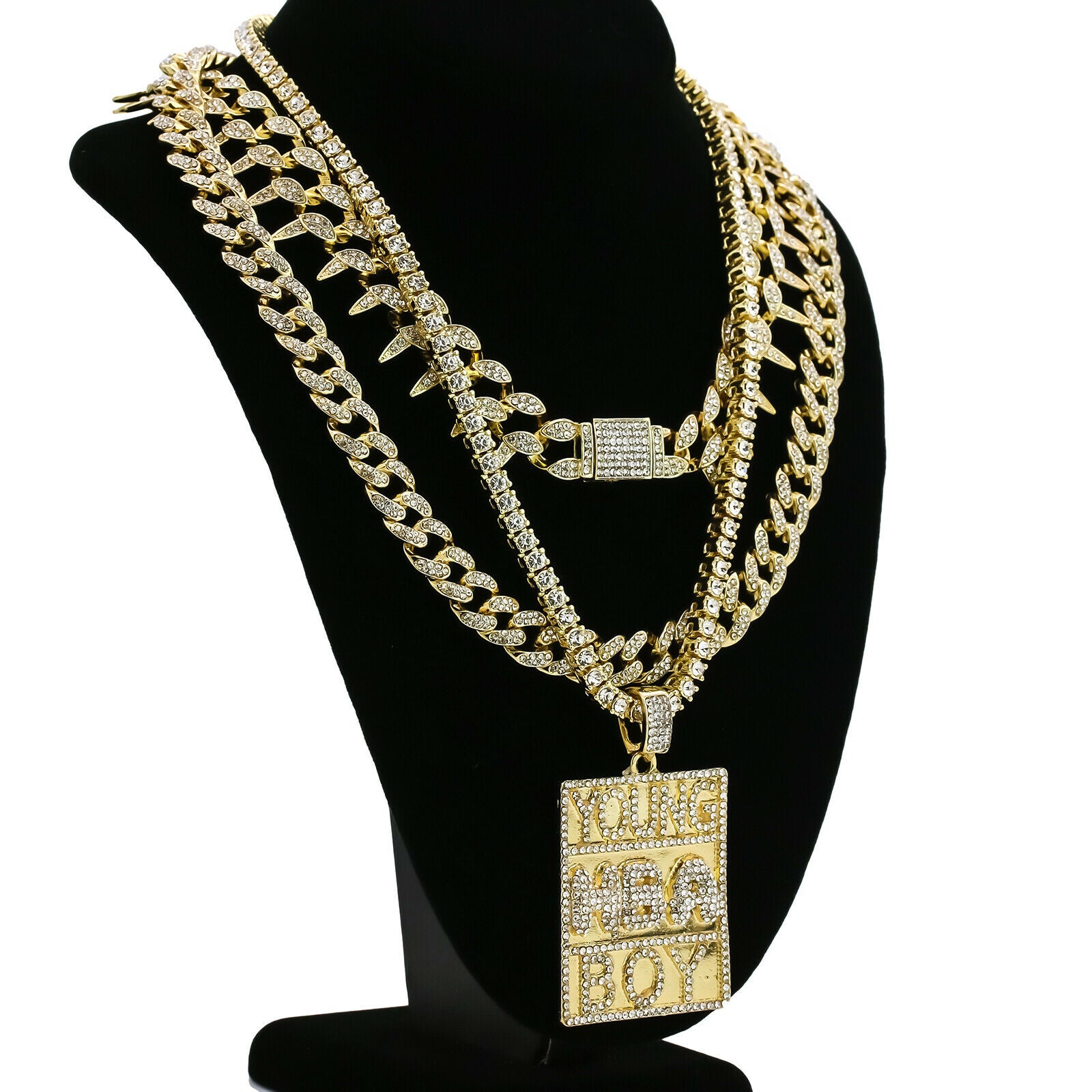Young Boi Block Cz 4 Pcs Set Exotic Cuban, Tennis & Miami Cuban Chain Bundle Gold PT