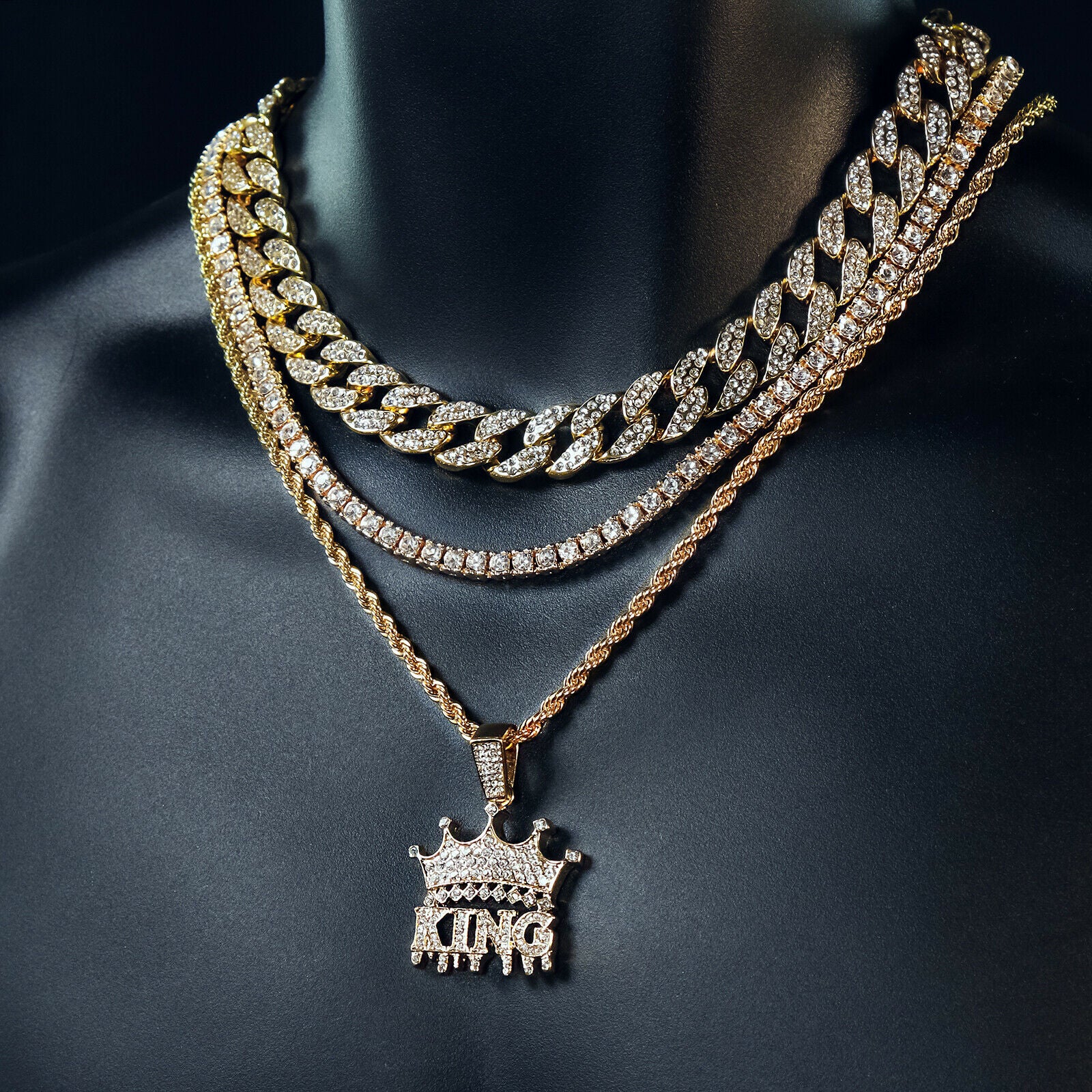 King Drip 4 Pcs Set Cuban, Tennis & Rope Chain Bundle Gold PT