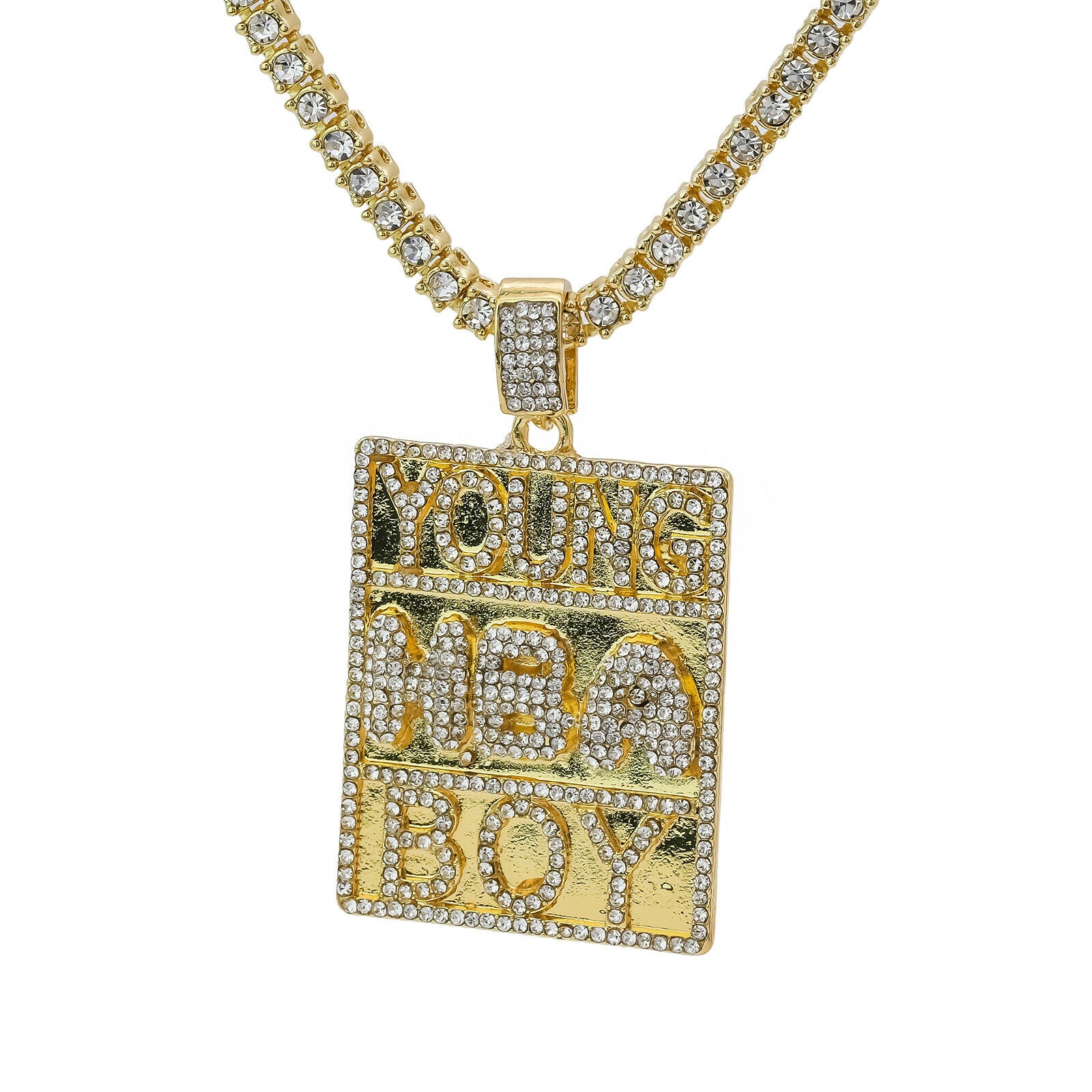 Young Boi Block Cz 4 Pcs Set Exotic Cuban, Tennis & Miami Cuban Chain Bundle Gold PT