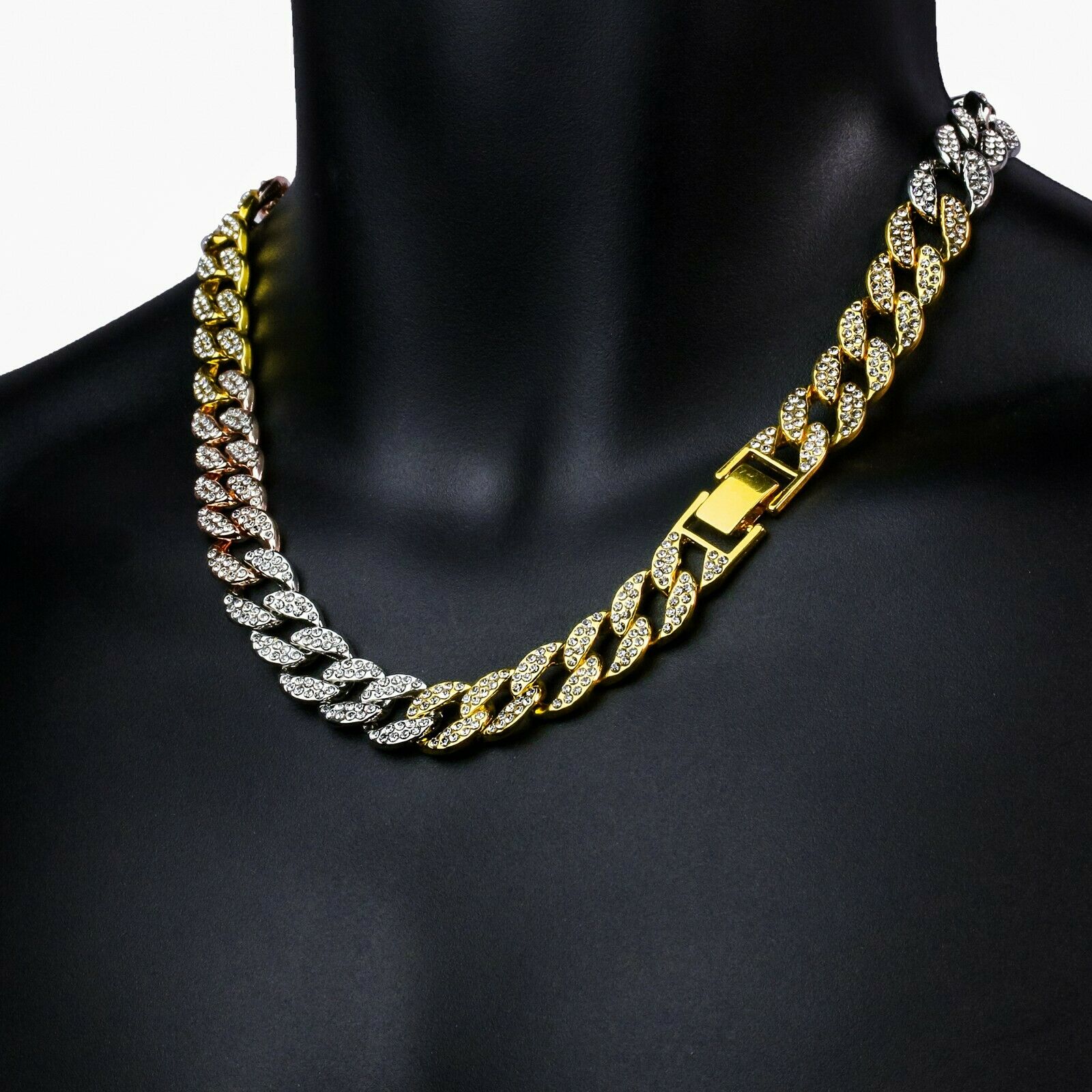 3pc Set Large Jesus Temple Gold Pt 18,20" Fully Cz Hip Hop 3 Tone Cuban Choker Chain