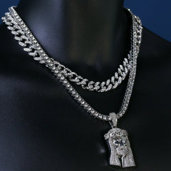 3pc Men's Silver Plated Cz Thick Jesus Crown w/ Cz Cuban & Tennis Chain 18"/20"