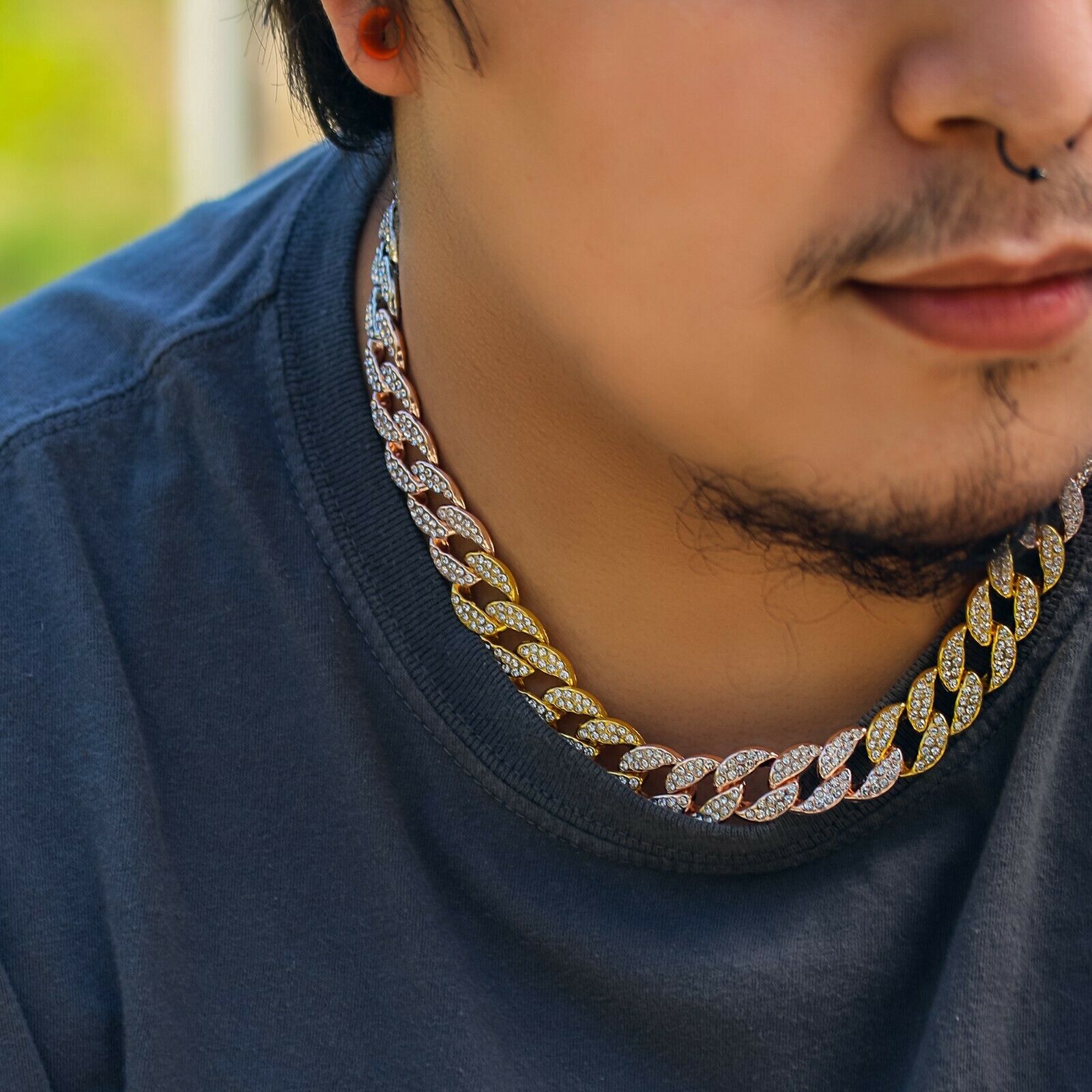 3pc Set Large Jesus Temple Gold Pt 18,20" Fully Cz Hip Hop 3 Tone Cuban Choker Chain