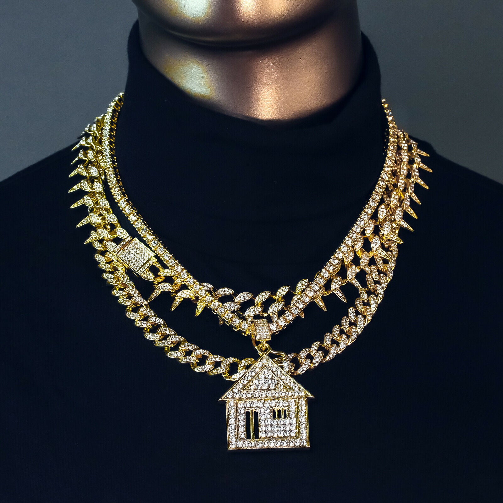Big House Cz 4 Pcs Set Exotic Cuban, Tennis & Miami Cuban Chain Bundle Gold PT