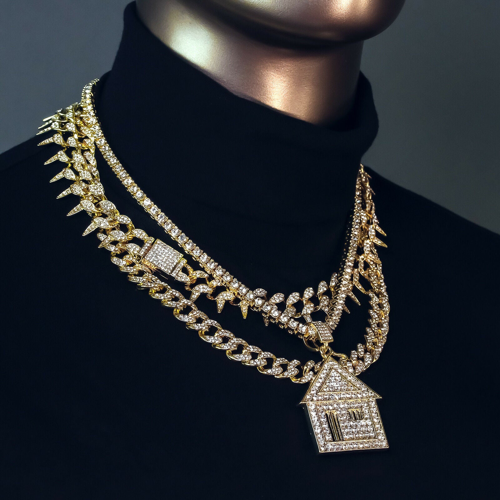 Big House Cz 4 Pcs Set Exotic Cuban, Tennis & Miami Cuban Chain Bundle Gold PT