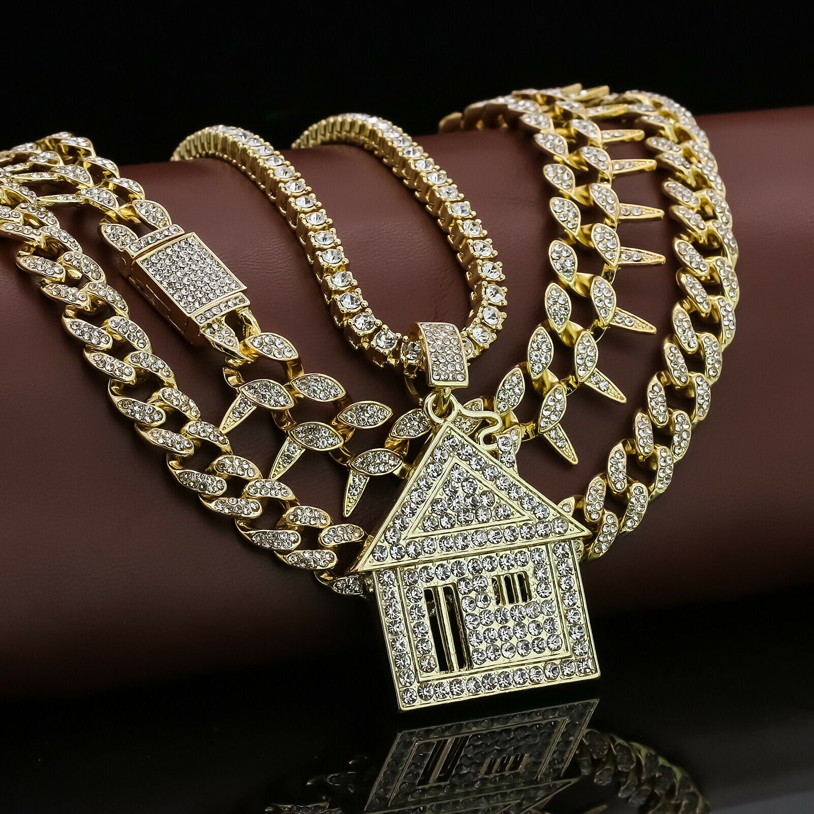 Big House Cz 4 Pcs Set Exotic Cuban, Tennis & Miami Cuban Chain Bundle Gold PT