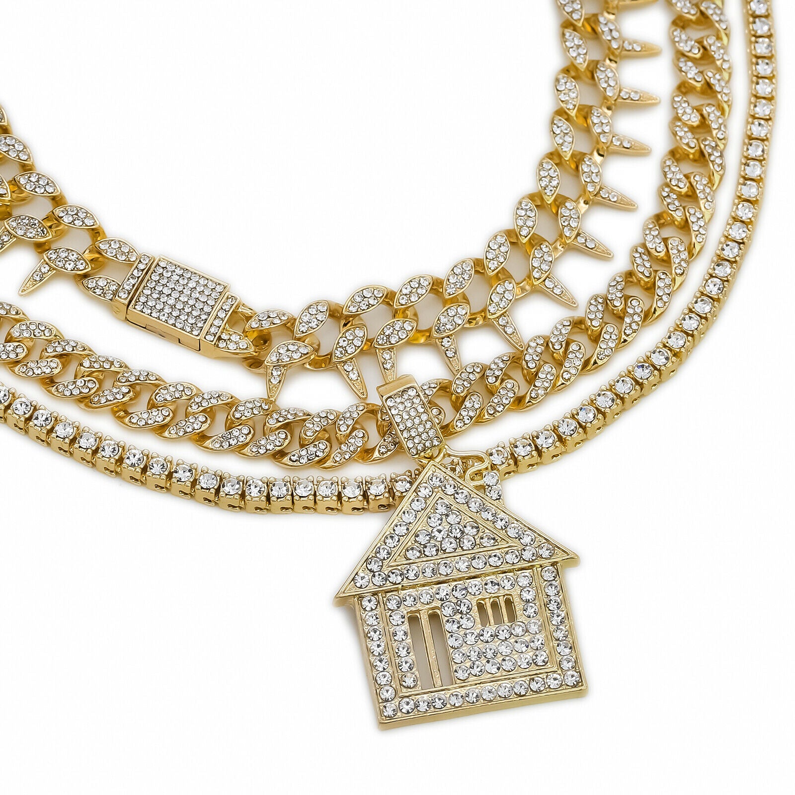 Big House Cz 4 Pcs Set Exotic Cuban, Tennis & Miami Cuban Chain Bundle Gold PT