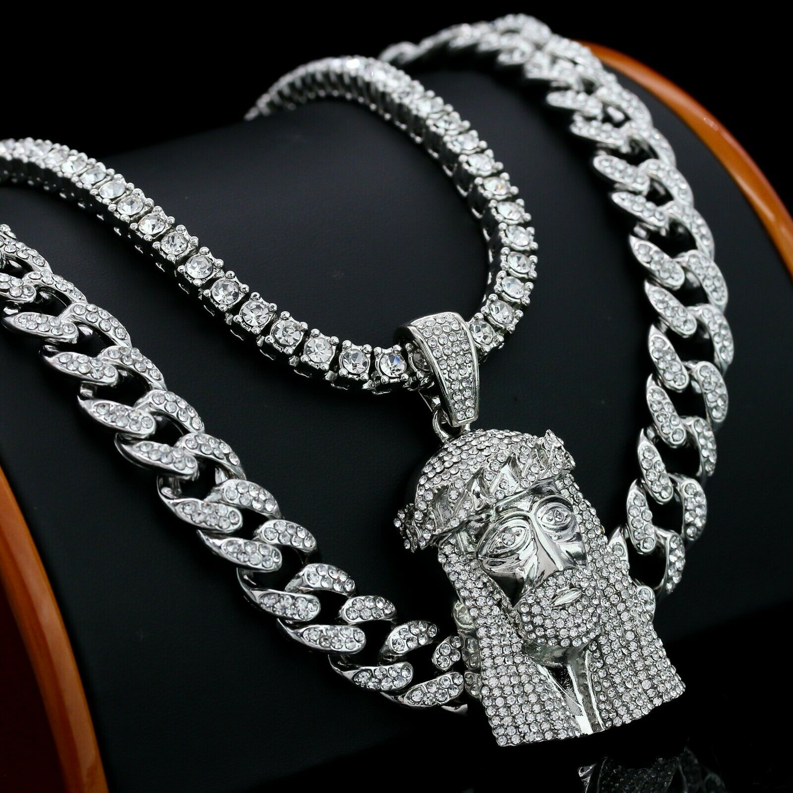 3pc Men's Silver Plated Cz Thick Jesus Crown w/ Cz Cuban & Tennis Chain 18"/20"
