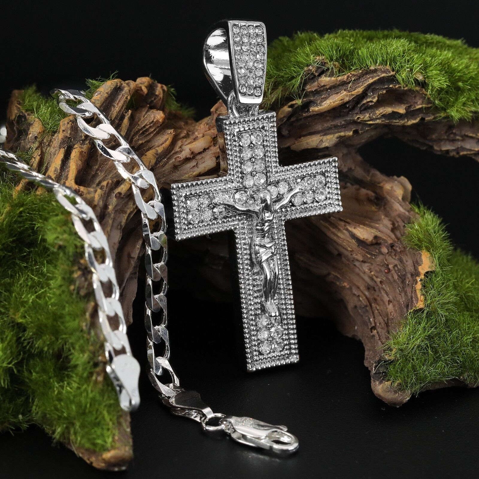 Cubic-Zirconia Two Row Jesus Cross Pendant Silver Plated Cuban Choker 20" Chain