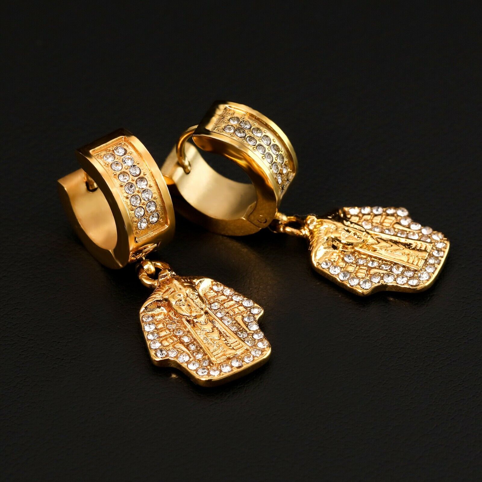Cubic-Zirconia Gold Stainless Steal 2 Row Tiny Egypt Pharaoh Huggie Hoop Earrings