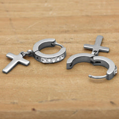 Huggie Hoop 1 Row Dangle Cross SILVER FILLED EARRINGS